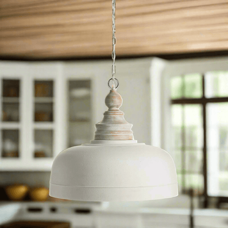 Vintage Farmhouse White Dome Pendant Light with Wood Finial-pendent light-Parc Decor