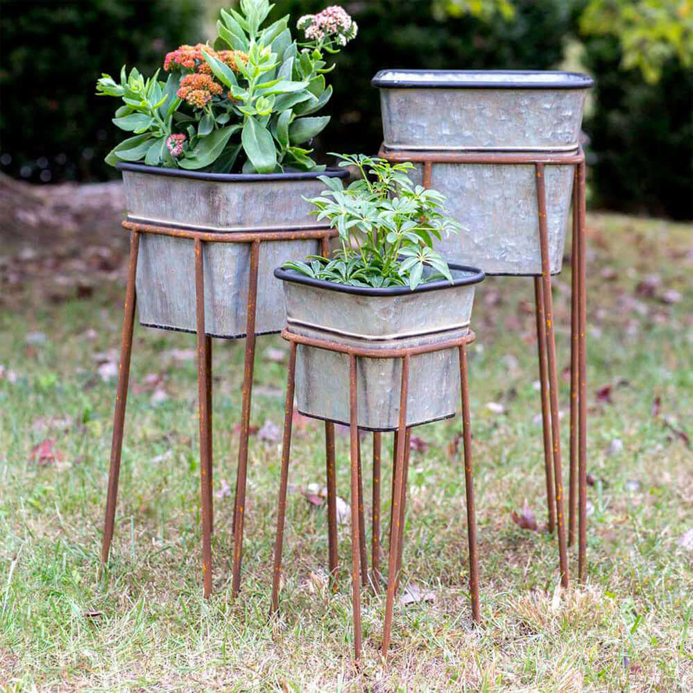 Vintage Galvanized Metal Planters with Rusted Stands (Set of 3)-Planters-Parc Decor