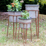 Vintage Galvanized Metal Planters with Rusted Stands (Set of 3)-Planters-Parc Decor