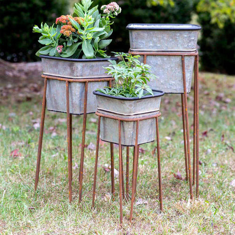 Vintage Galvanized Metal Planters with Rusted Stands (Set of 3)-Planters-Parc Decor