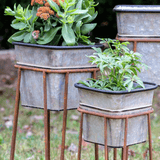 Vintage Galvanized Metal Planters with Rusted Stands (Set of 3)-Planters-Parc Decor