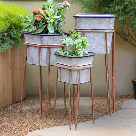 Vintage Galvanized Metal Planters with Rusted Stands (Set of 3)-Planters-Parc Decor