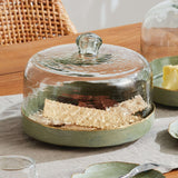 Vintage Hammered Glass Cloche with Green Enamel Tray-Cloche-Parc Decor