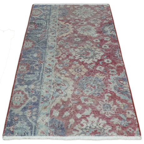 Vintage Hand Knotted 2x4 Maroon and Blue Traditional Oxidized Textured Wool Rug