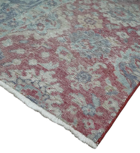 Vintage Hand Knotted 2x4 Maroon and Blue Traditional Oxidized Textured Wool Rug