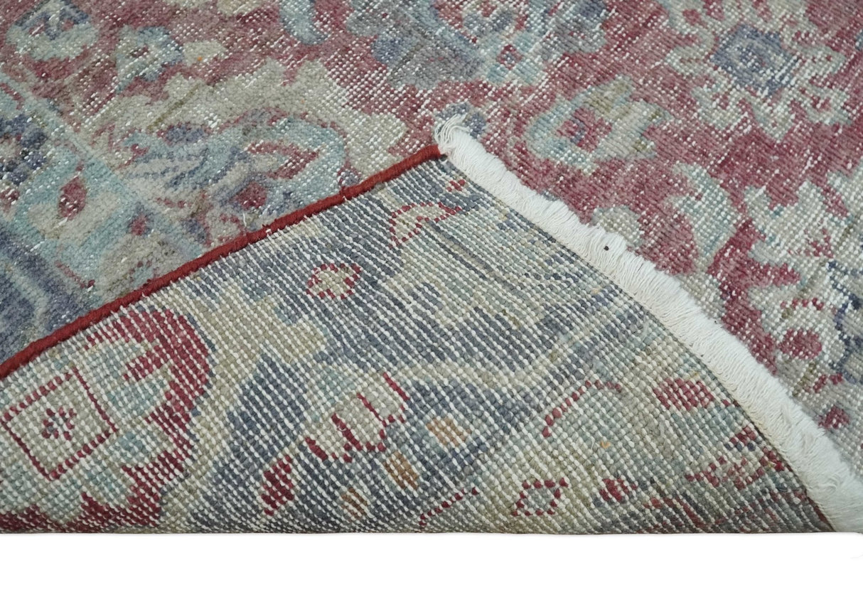 Vintage Hand Knotted 2x4 Maroon and Blue Traditional Oxidized Textured Wool Rug