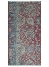 Vintage Hand Knotted 2x4 Maroon and Blue Traditional Oxidized Textured Wool Rug
