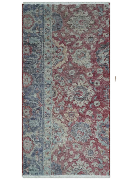 Vintage Hand Knotted 2x4 Maroon and Blue Traditional Oxidized Textured Wool Rug