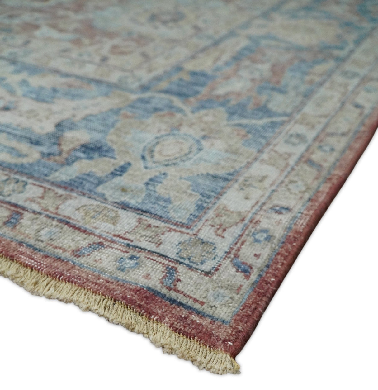 Vintage Hand Knotted 8x10 Rust and Blue Traditional Oxidized Textured Persian Low Pile Wool Rug | TRD2601