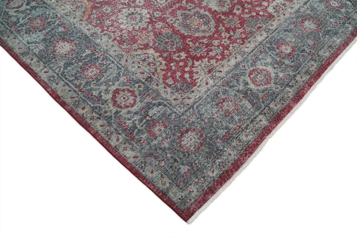 Vintage Hand Knotted 8x10 Traditional Gray And Red Oxidized Pile Wool Rug