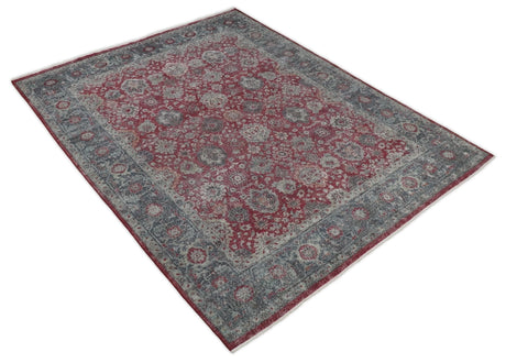 Vintage Hand Knotted 8x10 Traditional Gray And Red Oxidized Pile Wool Rug