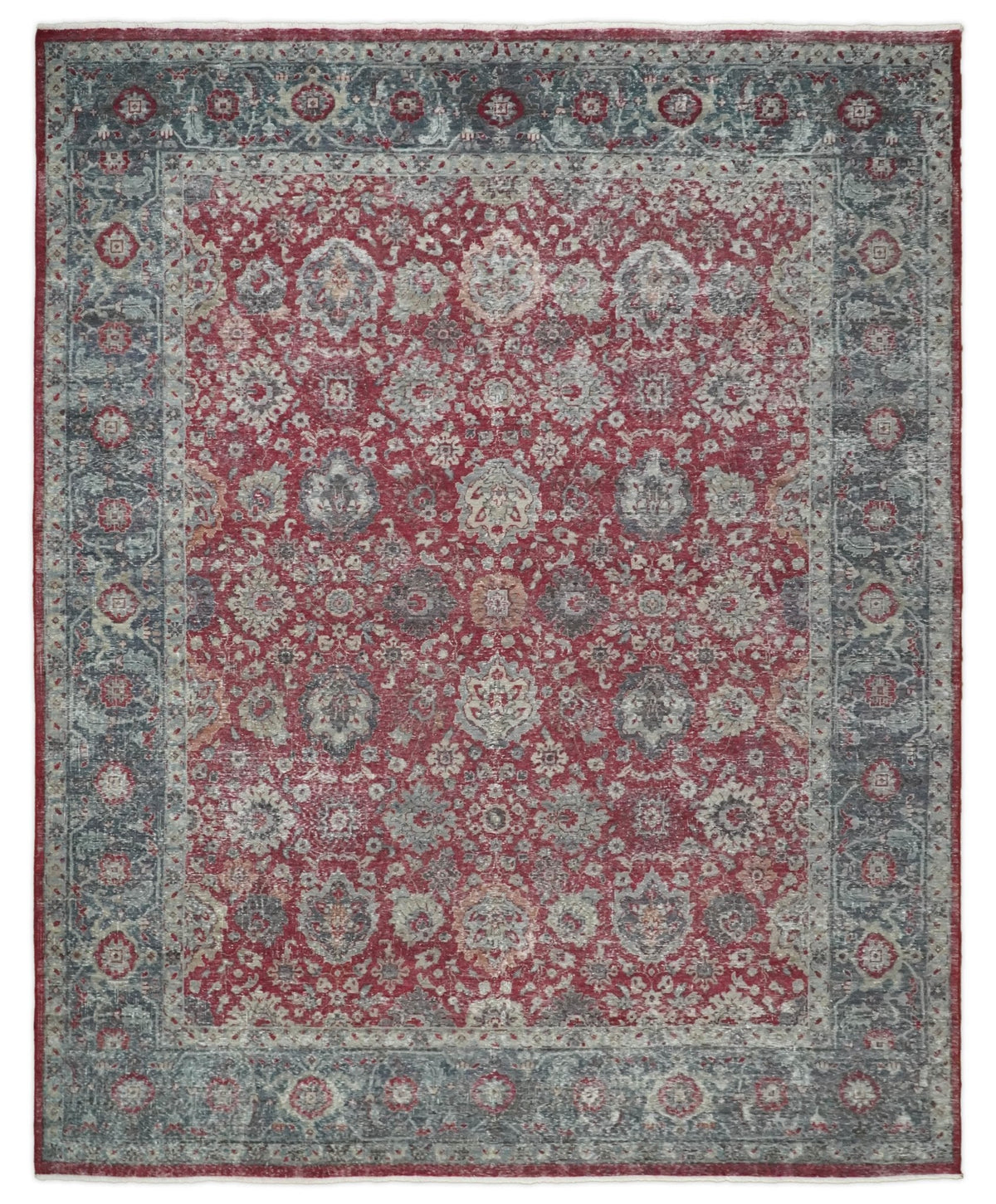 Vintage Hand Knotted 8x10 Traditional Gray And Red Oxidized Pile Wool Rug