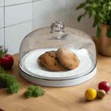 Vintage Inspired Glass Dessert Cloche with White Metal Tray-Kitchenware-Parc Decor