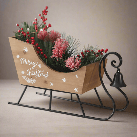 Vintage Inspired Wooden Tabletop Christmas Sleigh with Bell-christmas decor-Parc Decor