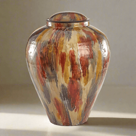 Vintage Lidded Enameled Iron Vase with Autumn Brushstroke Finish-vase-Parc Decor