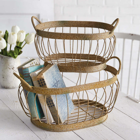 Vintage Metal Wire Storage Baskets (Set of 2)-Storage Baskets-Parc Decor