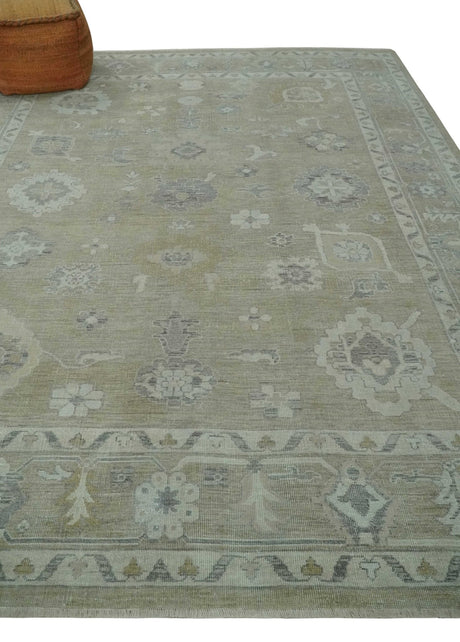 Vintage Style Antique Finish Hand Knotted Camel, Ivory and Charcoal Traditional Oushak Multi Size Wool Area Rug