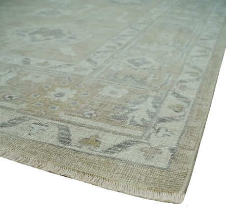 Vintage Style Antique Finish Hand Knotted Camel, Ivory and Charcoal Traditional Oushak Multi Size Wool Area Rug