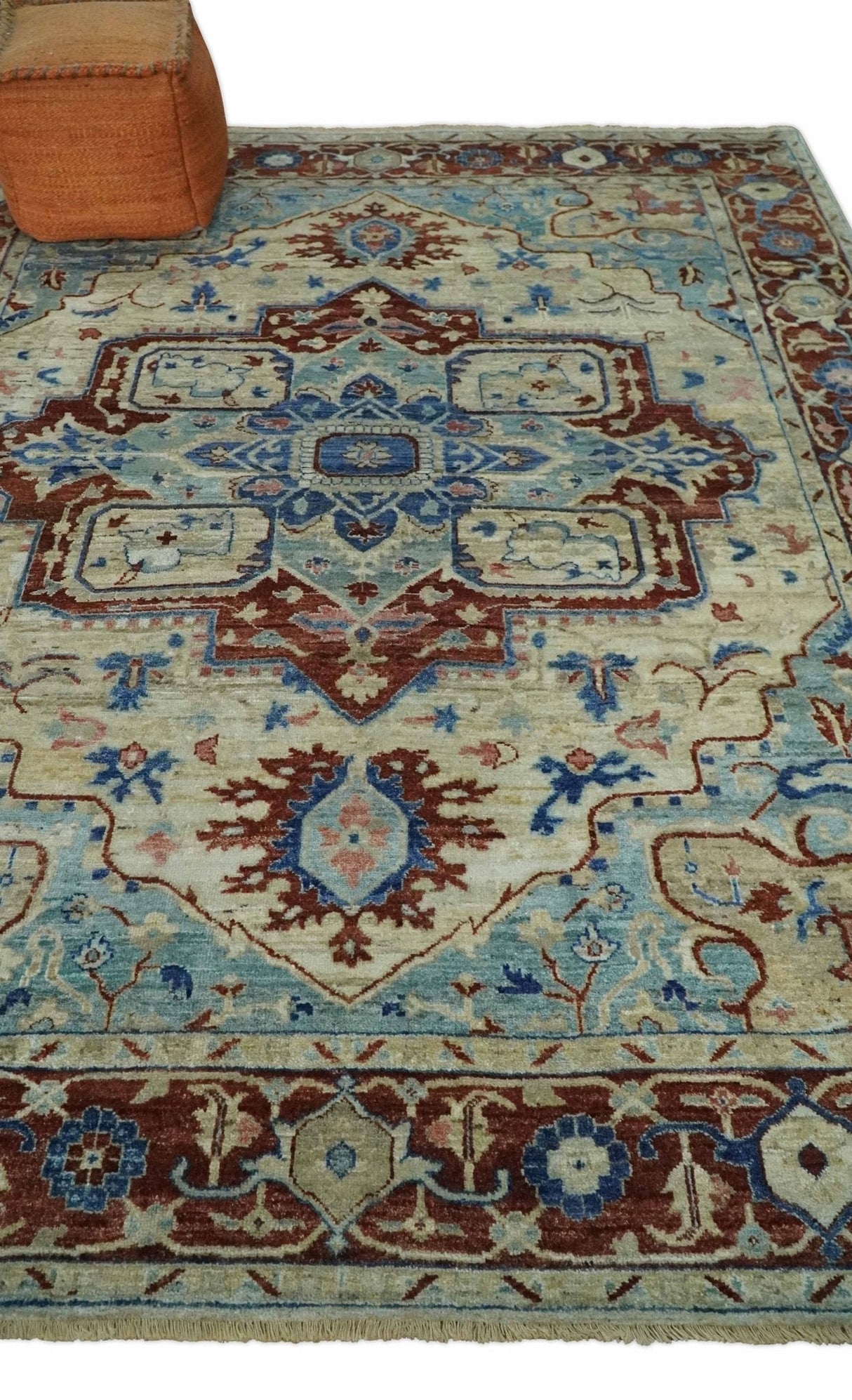 Vintage Style Beige, Aqua and Brown Hand Knotted Traditional Heriz 8x10 wool area Rug