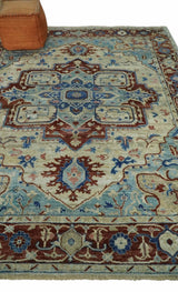 Vintage Style Beige, Aqua and Brown Hand Knotted Traditional Heriz 8x10 wool area Rug