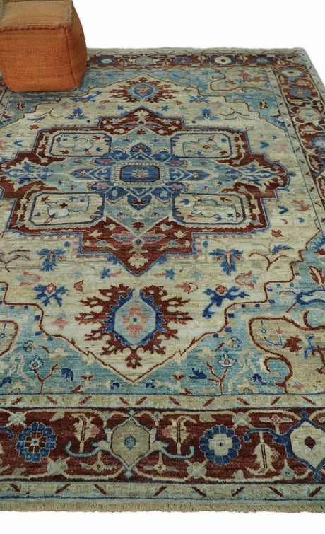 Vintage Style Beige, Aqua and Brown Hand Knotted Traditional Heriz 8x10 wool area Rug