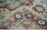 Vintage Style Beige, Aqua and Brown Hand Knotted Traditional Heriz 8x10 wool area Rug