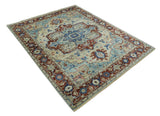 Vintage Style Beige, Aqua and Brown Hand Knotted Traditional Heriz 8x10 wool area Rug