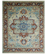 Vintage Style Beige, Aqua and Brown Hand Knotted Traditional Heriz 8x10 wool area Rug