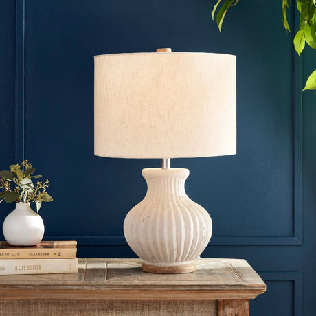 Vintage-Style Cream Ribbed Table Lamp with Linen Shade-table lamp-Parc Decor