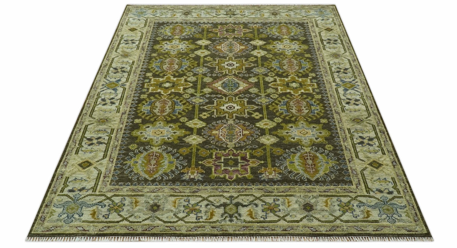Vintage Style Earthy Green and Silver Traditional Hand Knotted Multi Size wool area rug