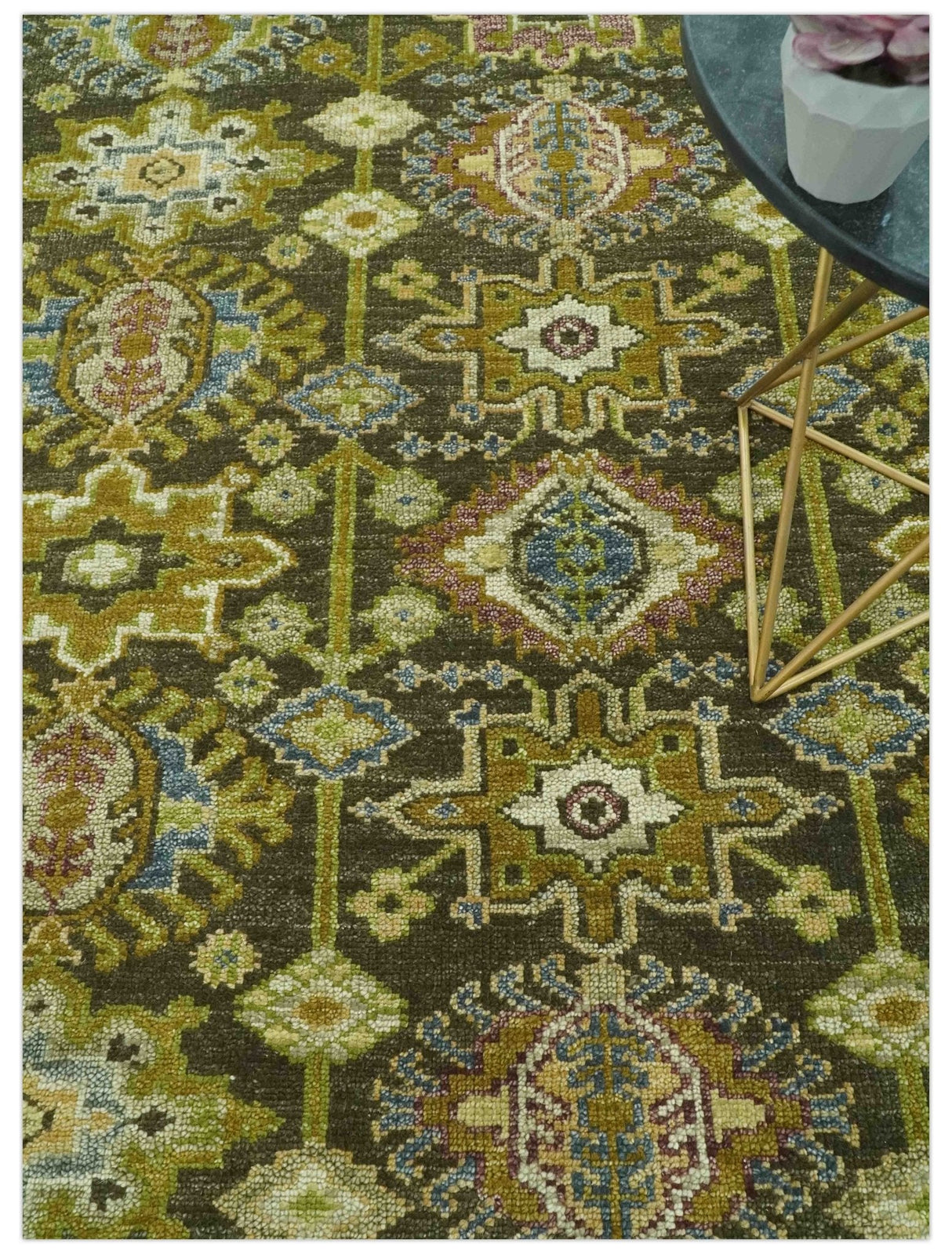 Vintage Style Earthy Green and Silver Traditional Hand Knotted Multi Size wool area rug