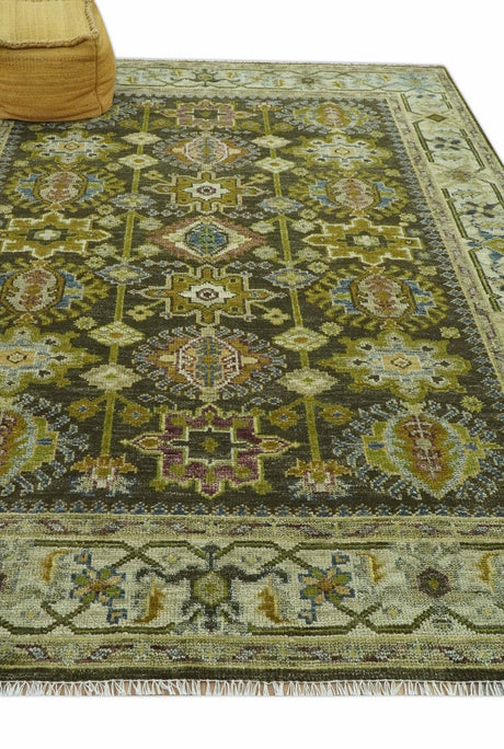 Vintage Style Earthy Green and Silver Traditional Hand Knotted Multi Size wool area rug
