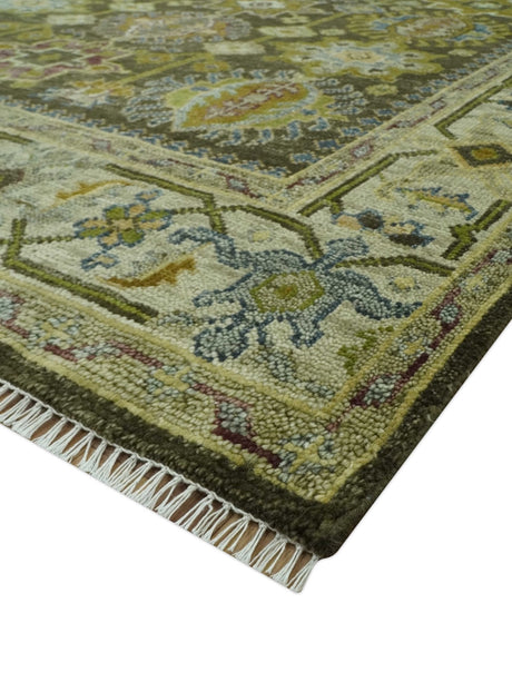 Vintage Style Earthy Green and Silver Traditional Hand Knotted Multi Size wool area rug