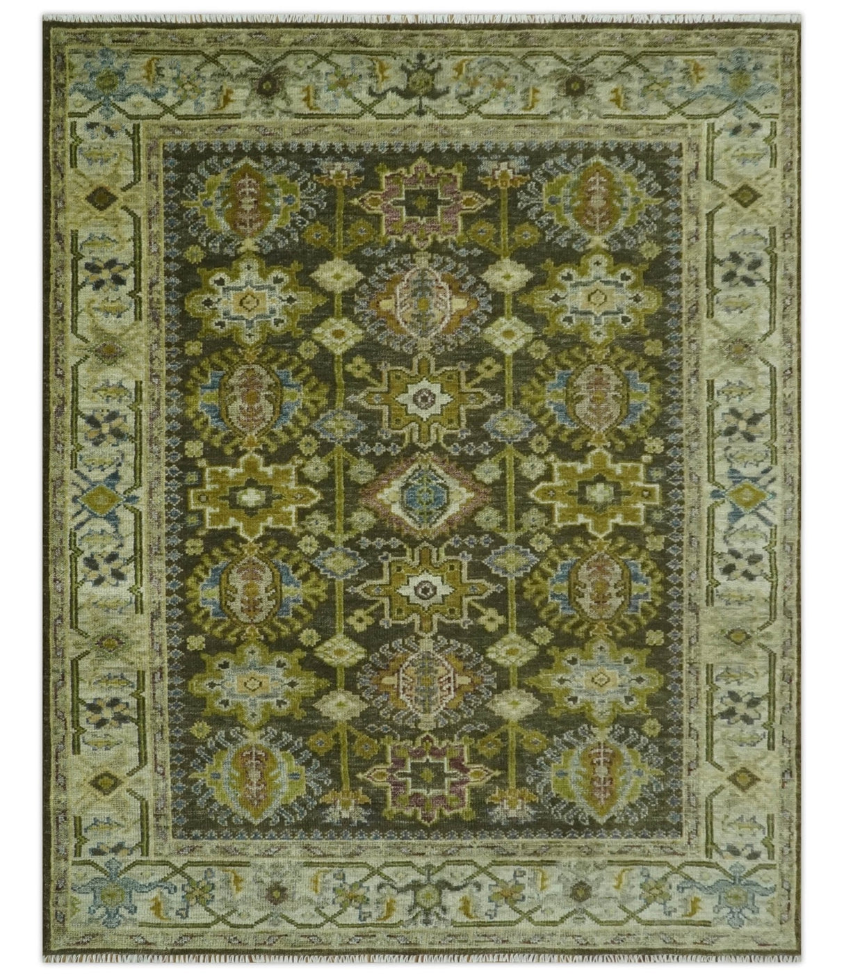 Vintage Style Earthy Green and Silver Traditional Hand Knotted Multi Size wool area rug