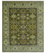 Vintage Style Earthy Green and Silver Traditional Hand Knotted Multi Size wool area rug
