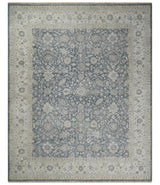 Vintage Style Hand Knotted 9x12 Traditional Blue and Beige Antique Textured Low Pile Distressed Wool Rug