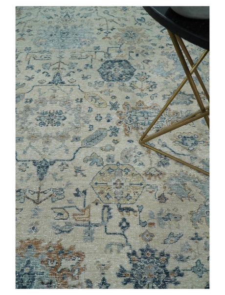 Vintage Style Ivory and Rust 8x10 Traditional Textured Low Pile Wool Rug