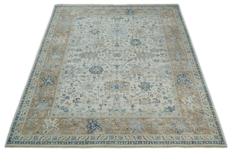 Vintage Style Ivory and Rust Traditional Oxidized Textured Low Pile Multi Size Wool Rug
