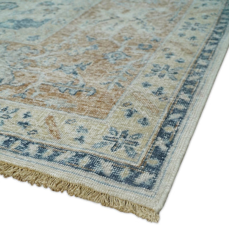 Vintage Style Ivory and Rust Traditional Oxidized Textured Low Pile Multi Size Wool Rug