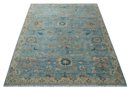 Vintage Style Light Blue and Brown Hand knotted Oushak Multi Size wool Area Rug