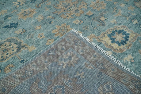 Vintage Style Light Blue and Brown Hand knotted Oushak Multi Size wool Area Rug