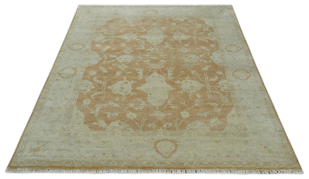 Vintage Style Rust and Beige Hand knotted Traditional Oushak 8x10 and 9x12 wool Area Rug