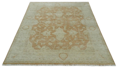 Vintage Style Rust and Beige Hand knotted Traditional Oushak 8x10 and 9x12 wool Area Rug