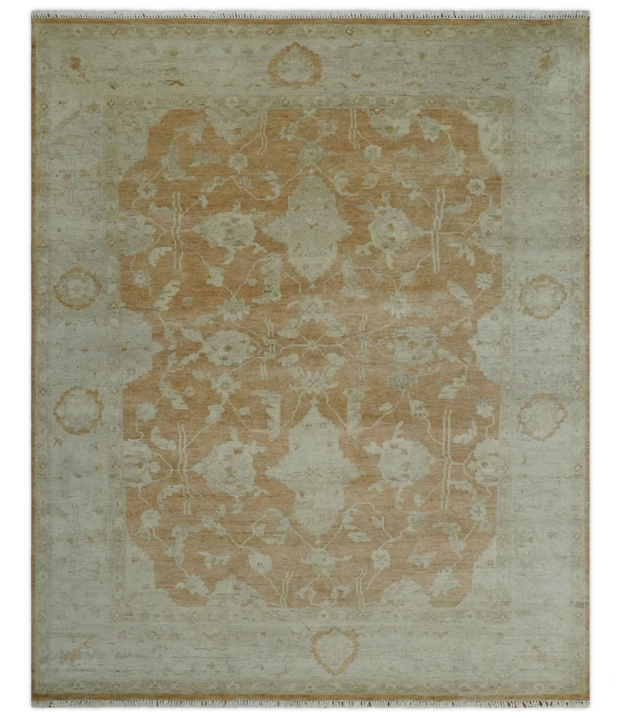 Vintage Style Rust and Beige Hand knotted Traditional Oushak 8x10 and 9x12 wool Area Rug