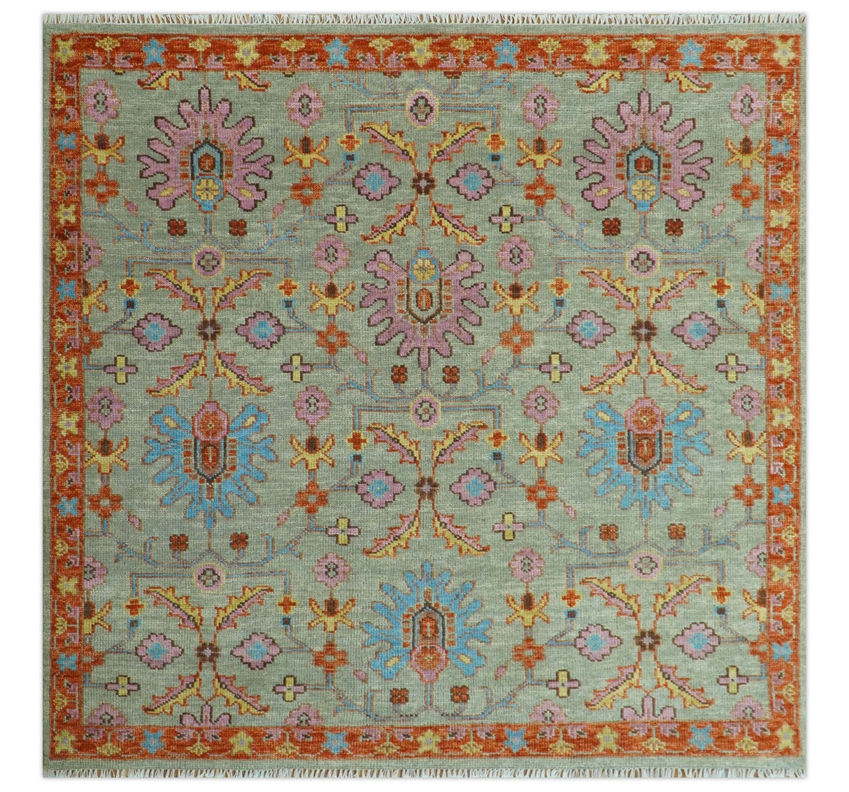 Vintage Style Rust, Pink and Blue Hand Knotted Traditional Oushak Multi Size wool Area Rug