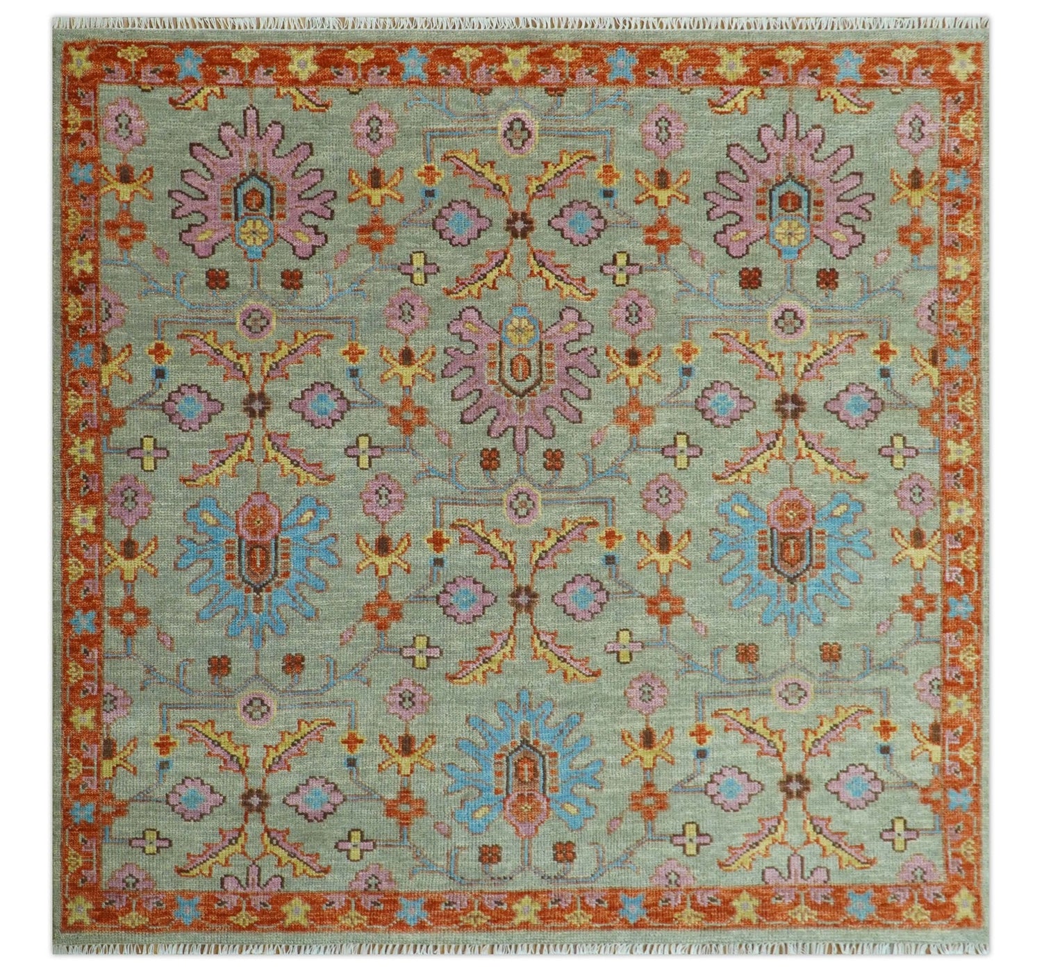 Vintage Style Rust, Pink and Blue Hand Knotted Traditional Oushak Multi Size wool Area Rug
