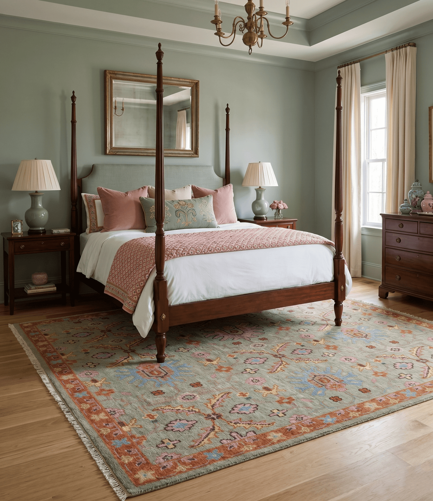 Vintage Style Rust, Pink and Blue Hand Knotted Traditional Oushak Multi Size wool Area Rug