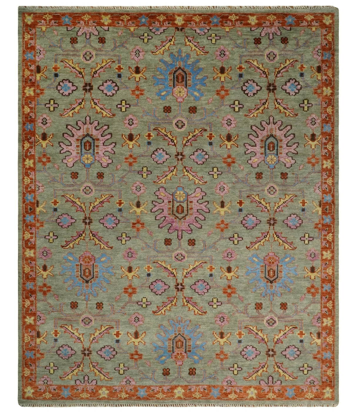 Vintage Style Rust, Pink and Blue Hand Knotted Traditional Oushak Multi Size wool Area Rug