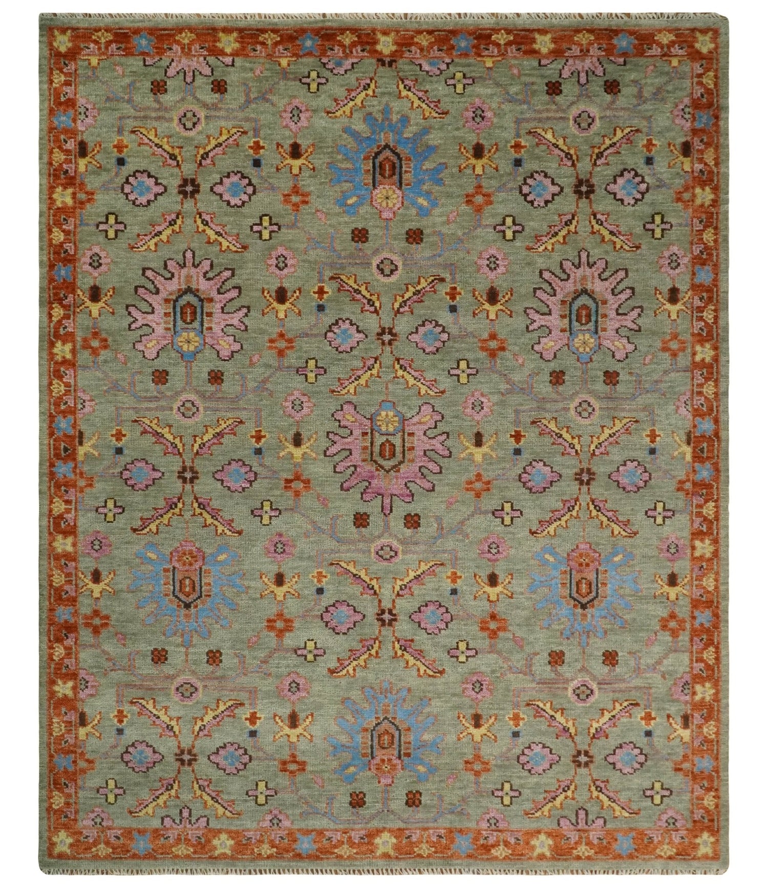 Vintage Style Rust, Pink and Blue Hand Knotted Traditional Oushak Multi Size wool Area Rug