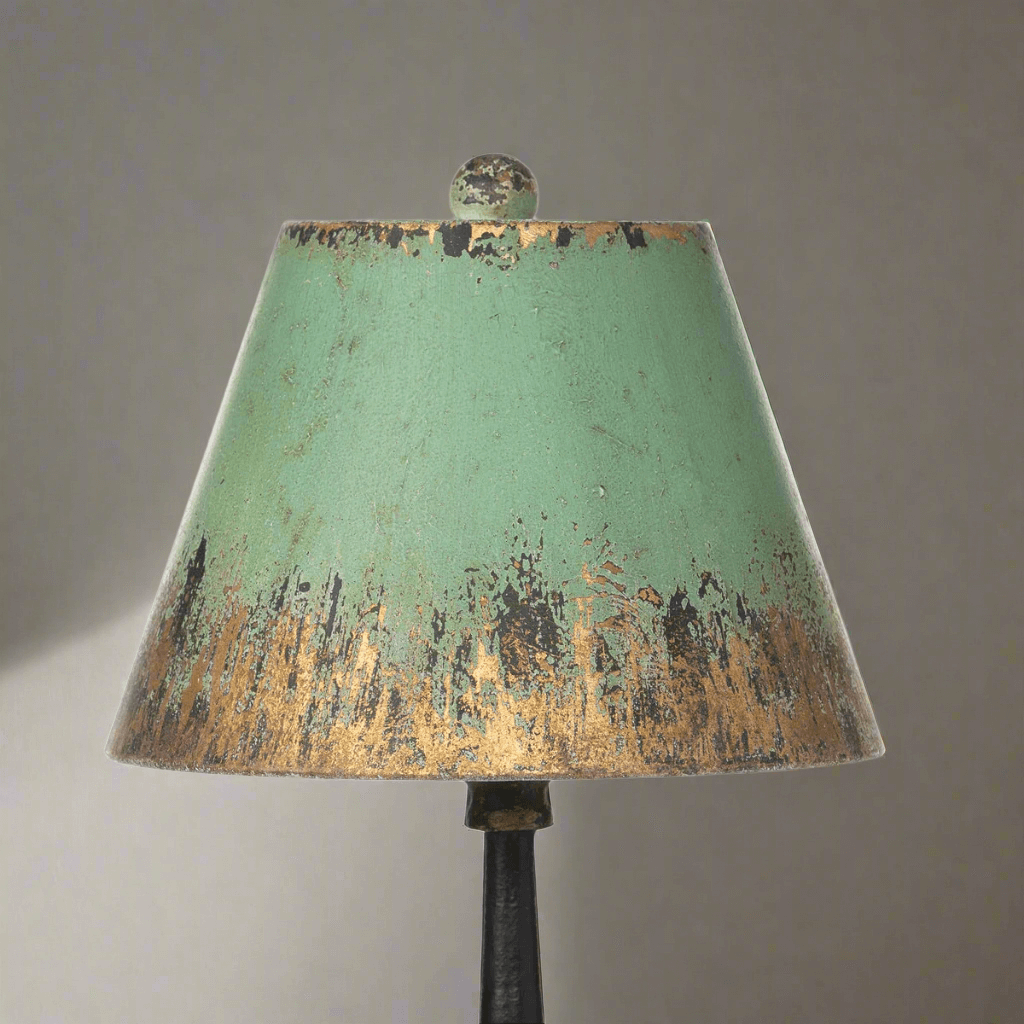 Vintage Table Lamp with Distressed Green and Gold Shade-table lamp-Parc Decor